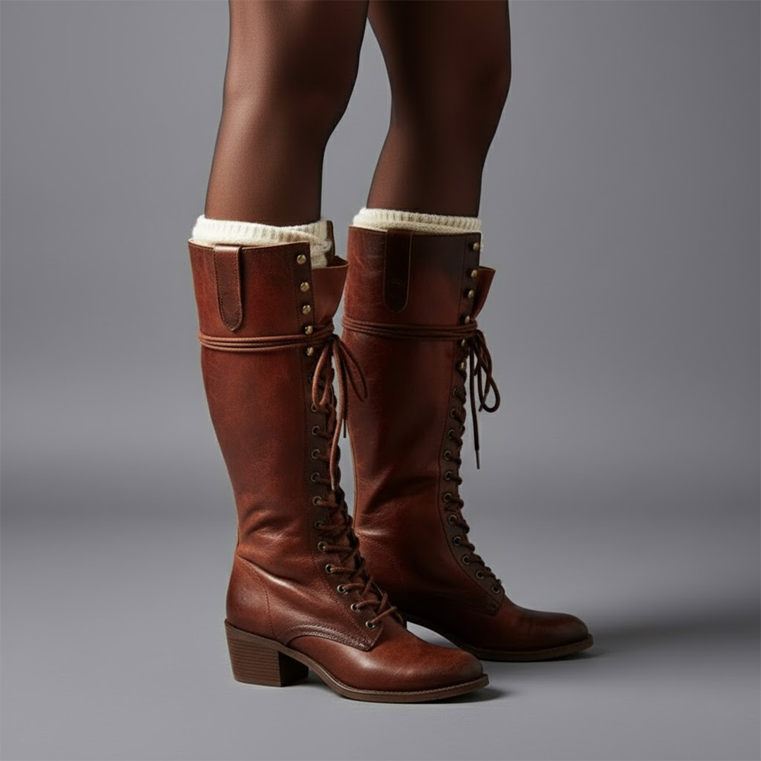 Elegant Black Leather Knee High Boots for Women with Lace Up Studded Block Heel Style