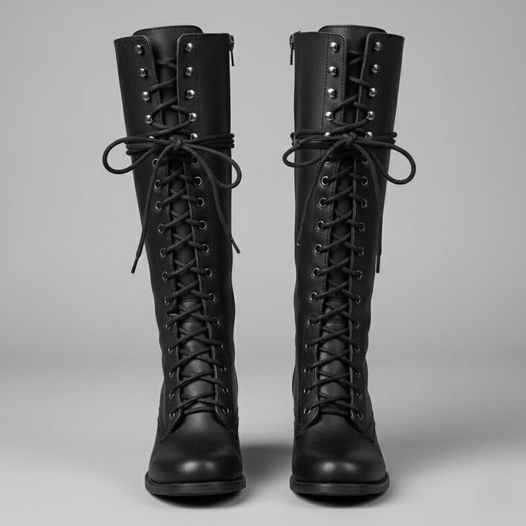 Elegant Black Leather Knee High Boots for Women with Lace Up Studded Block Heel Style