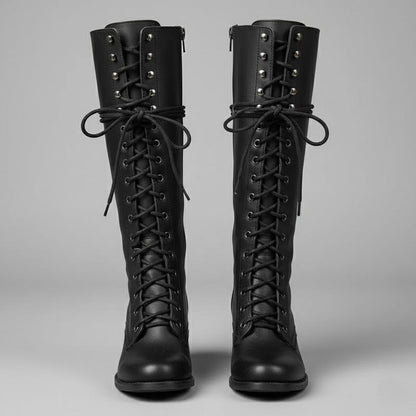 Elegant Black Leather Knee High Boots for Women with Lace Up Studded Block Heel Style