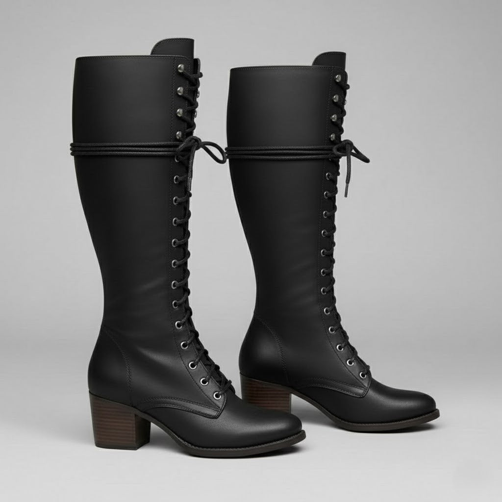 Elegant Black Leather Knee High Boots for Women with Lace Up Studded Block Heel Style
