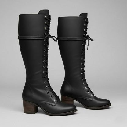 Elegant Black Leather Knee High Boots for Women with Lace Up Studded Block Heel Style