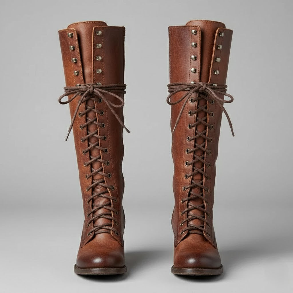 Elegant Black Leather Knee High Boots for Women with Lace Up Studded Block Heel Style
