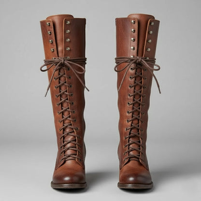 Elegant Black Leather Knee High Boots for Women with Lace Up Studded Block Heel Style