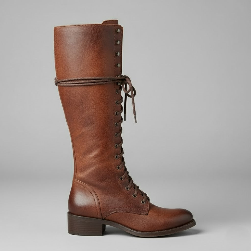 Elegant Black Leather Knee High Boots for Women with Lace Up Studded Block Heel Style