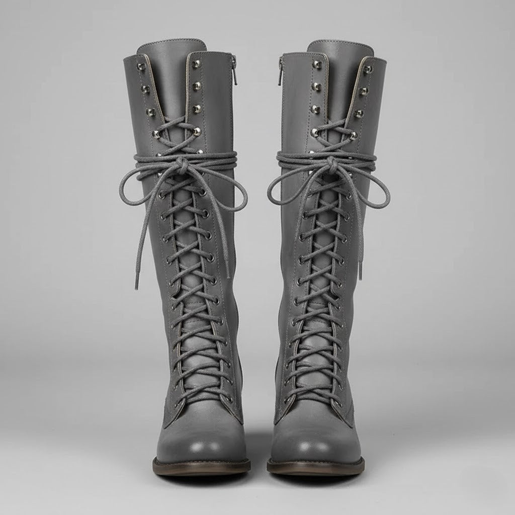 Elegant Black Leather Knee High Boots for Women with Lace Up Studded Block Heel Style
