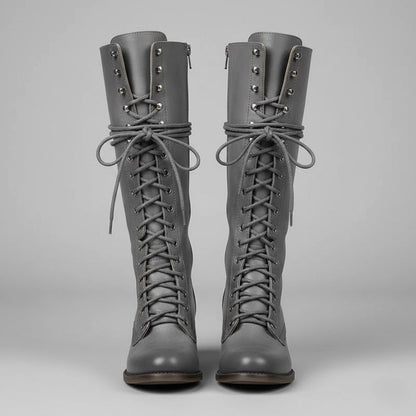 Elegant Black Leather Knee High Boots for Women with Lace Up Studded Block Heel Style