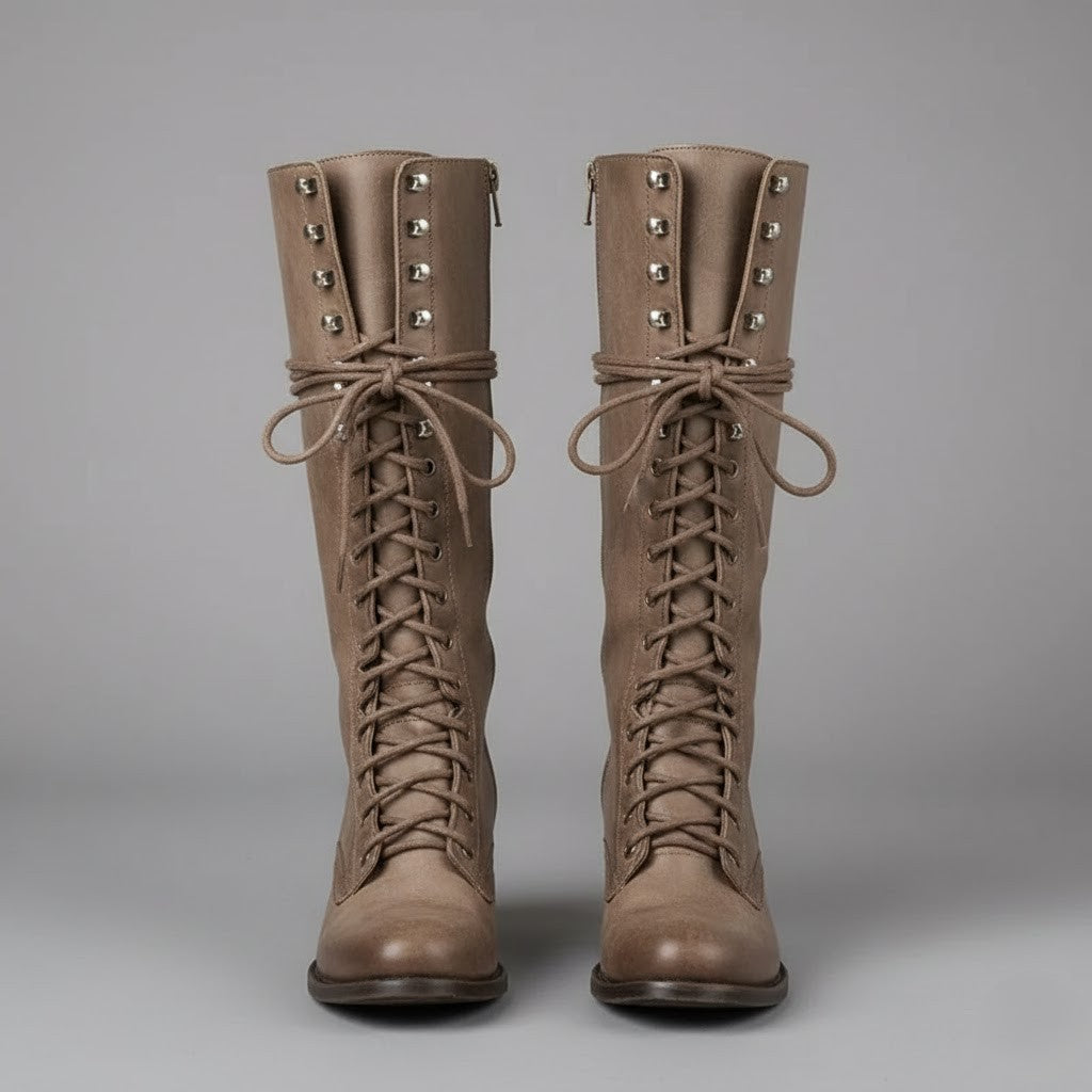 Elegant Black Leather Knee High Boots for Women with Lace Up Studded Block Heel Style