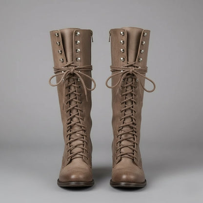 Elegant Black Leather Knee High Boots for Women with Lace Up Studded Block Heel Style