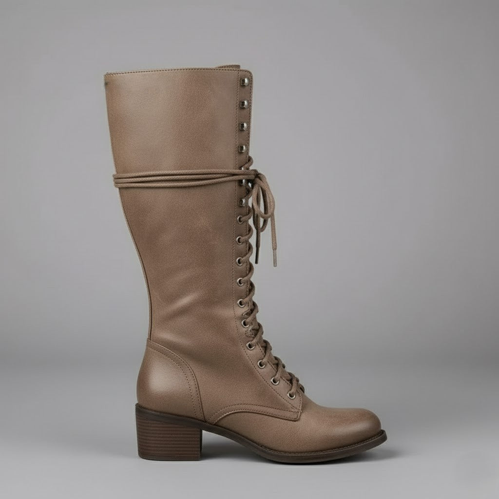 Elegant Black Leather Knee High Boots for Women with Lace Up Studded Block Heel Style