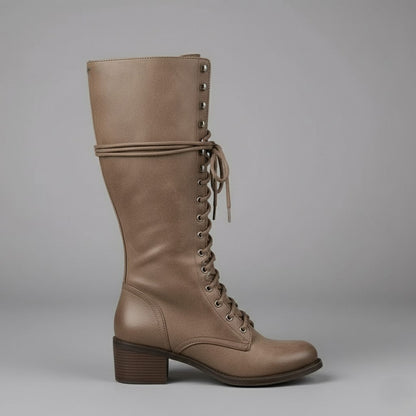 Elegant Black Leather Knee High Boots for Women with Lace Up Studded Block Heel Style