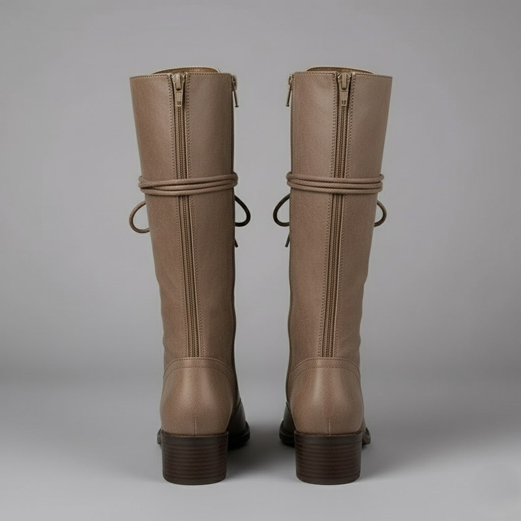 Elegant Black Leather Knee High Boots for Women with Lace Up Studded Block Heel Style