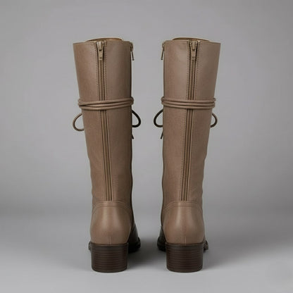 Elegant Black Leather Knee High Boots for Women with Lace Up Studded Block Heel Style