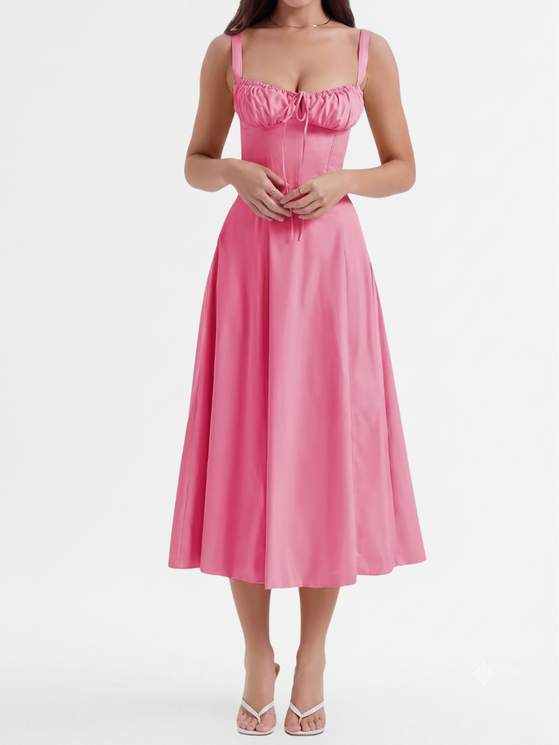 Elegant Corset Pink Dress for Women with Sweetheart Neckline Sleeveless Ruched Midi Flowing Style