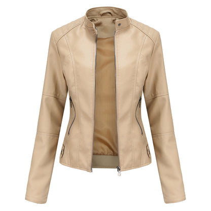 Effortless Faux Leather Biker Jacket for Women with Stand Collar Long Sleeve Cropped Zip Front Style