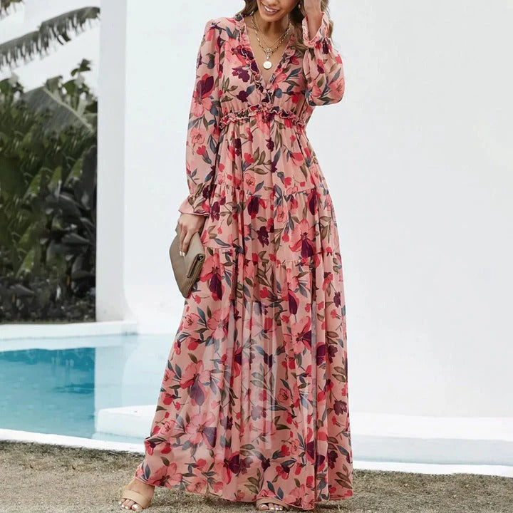 Elegant Floral Autumn Wedding Guest Dress for Women with Wrap V Neck Flutter Sleeve Tiered Maxi Style