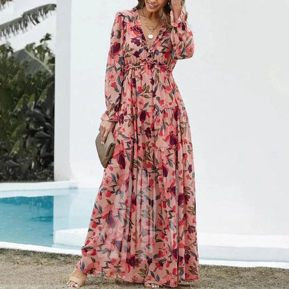 Elegant Floral Autumn Wedding Guest Dress for Women with Wrap V Neck Flutter Sleeve Tiered Maxi Style