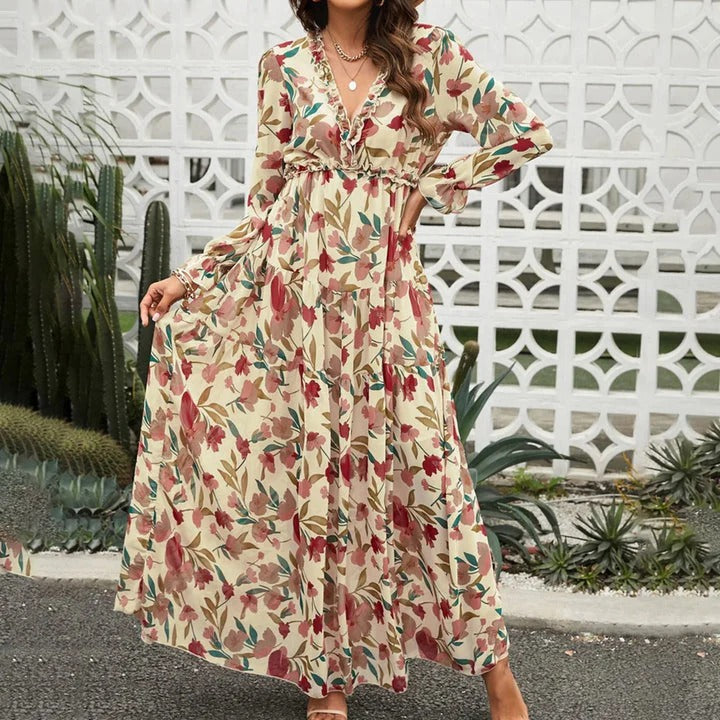 Elegant Floral Autumn Wedding Guest Dress for Women with Wrap V Neck Flutter Sleeve Tiered Maxi Style