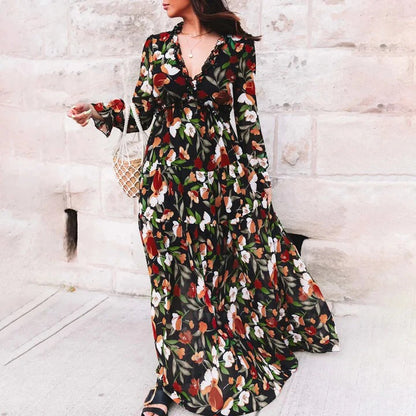 Elegant Floral Autumn Wedding Guest Dress for Women with Wrap V Neck Flutter Sleeve Tiered Maxi Style