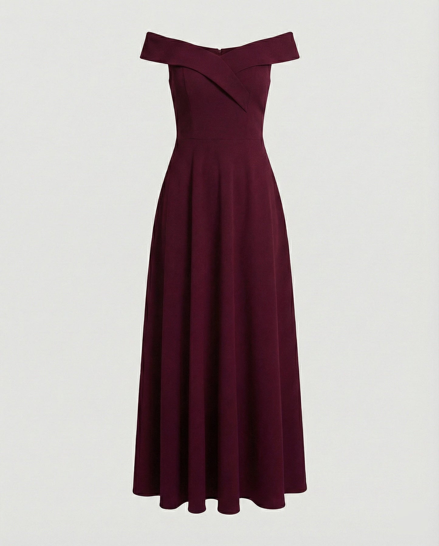 Elegant Burgundy Wedding Guest Dress for Women with Off Shoulder Fit and Flare Maxi Style