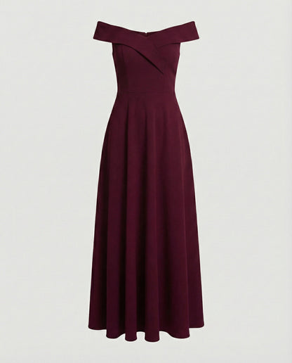 Elegant Burgundy Wedding Guest Dress for Women with Off Shoulder Fit and Flare Maxi Style