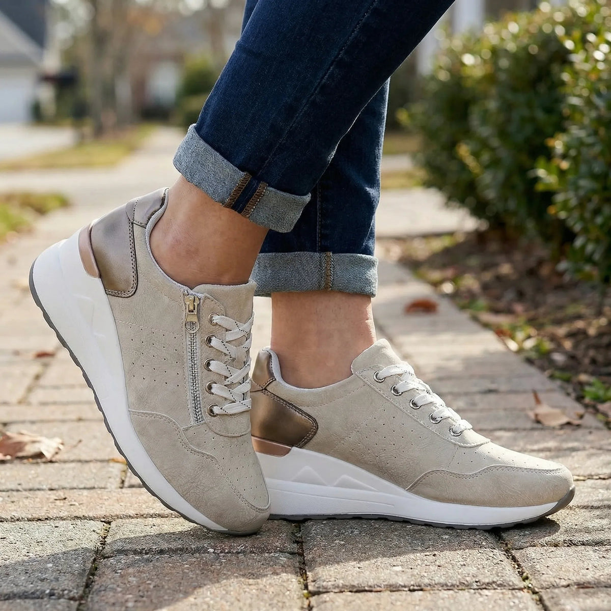 Comfortable Wedge Sneakers for Women with Round Toe Side Zip Lace Up Perforated Metallic Style