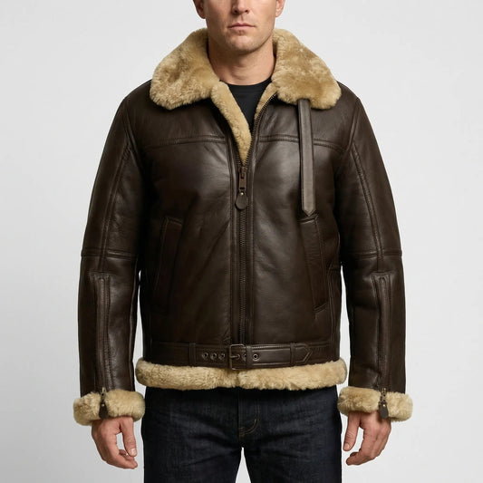 Warm Aviator Jacket for Men with Fur Collar Long Sleeve Zip Up Faux Shearling Moto Style
