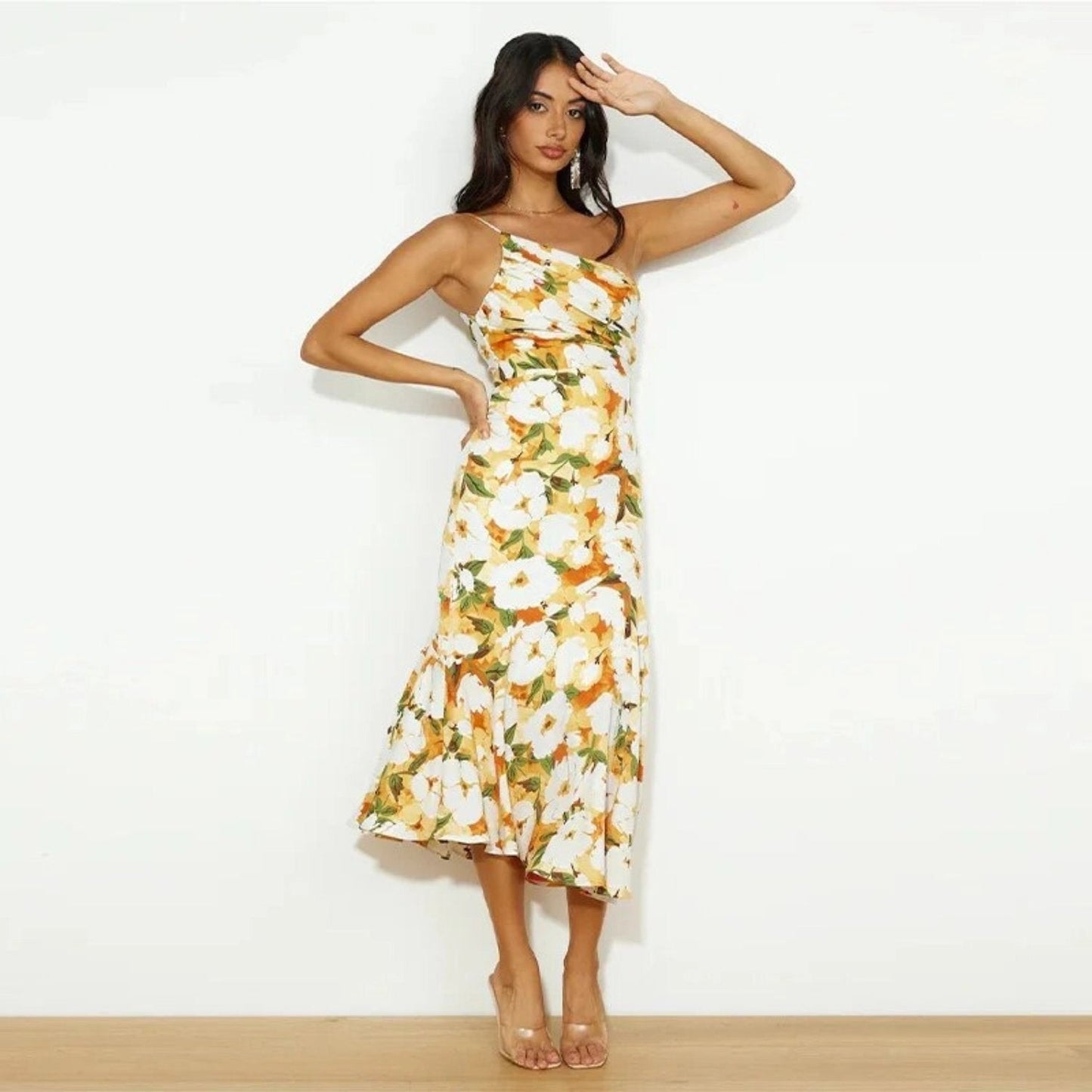 Violetta | Women's Floral Asymmetric Midi Dress with Sleeveless Design and Flowing Hem
