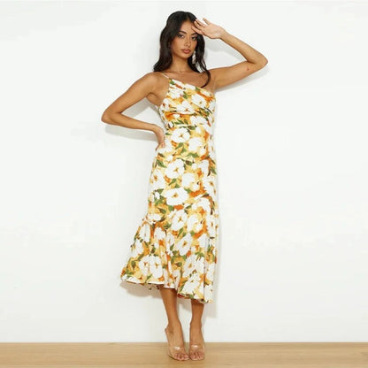 Violetta | Women's Floral Asymmetric Midi Dress with Sleeveless Design and Flowing Hem