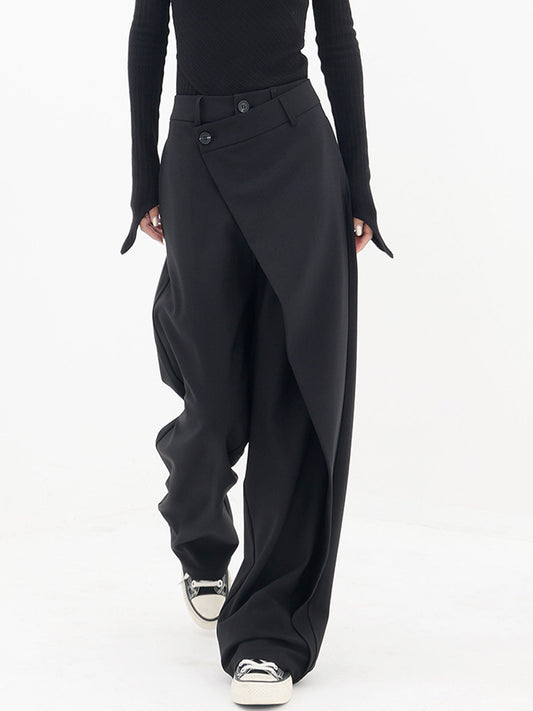 Effortless Wrap Front Wide Leg Pants for Women with High Waist Button Closure Relaxed Style