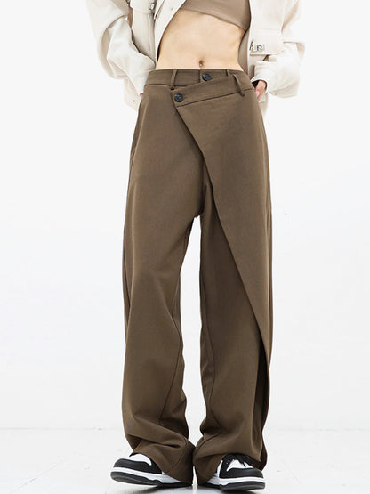 Effortless Wrap Front Wide Leg Pants for Women with High Waist Button Closure Relaxed Style