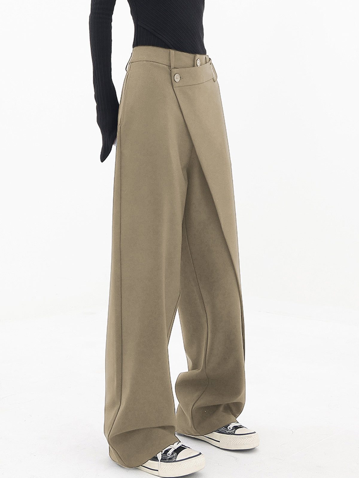Effortless Wrap Front Wide Leg Pants for Women with High Waist Button Closure Relaxed Style