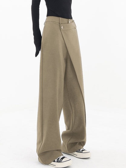 Effortless Wrap Front Wide Leg Pants for Women with High Waist Button Closure Relaxed Style