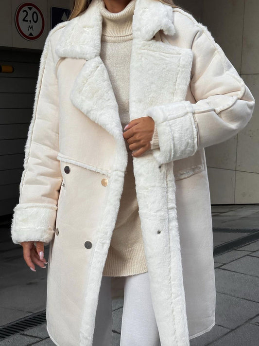 Cozy Faux Fur Coat for Women with Notched Lapel Long Sleeve Double Breasted Shearling Style
