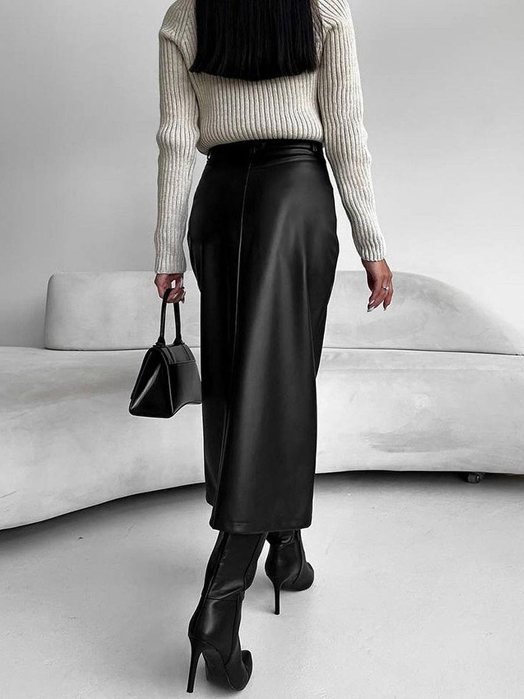 Elegant Faux Leather Midi Skirt for Women with High Waist Front Slit Column Style