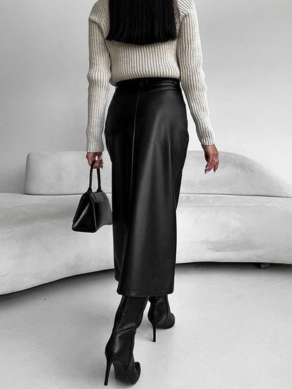 Elegant Faux Leather Midi Skirt for Women with High Waist Front Slit Column Style