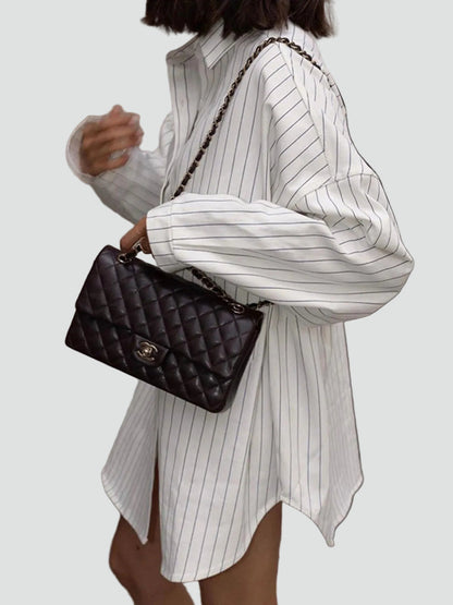 Effortless White Striped Shirt Dress for Women with Collar Long Sleeve Oversized Button Front Casual Style