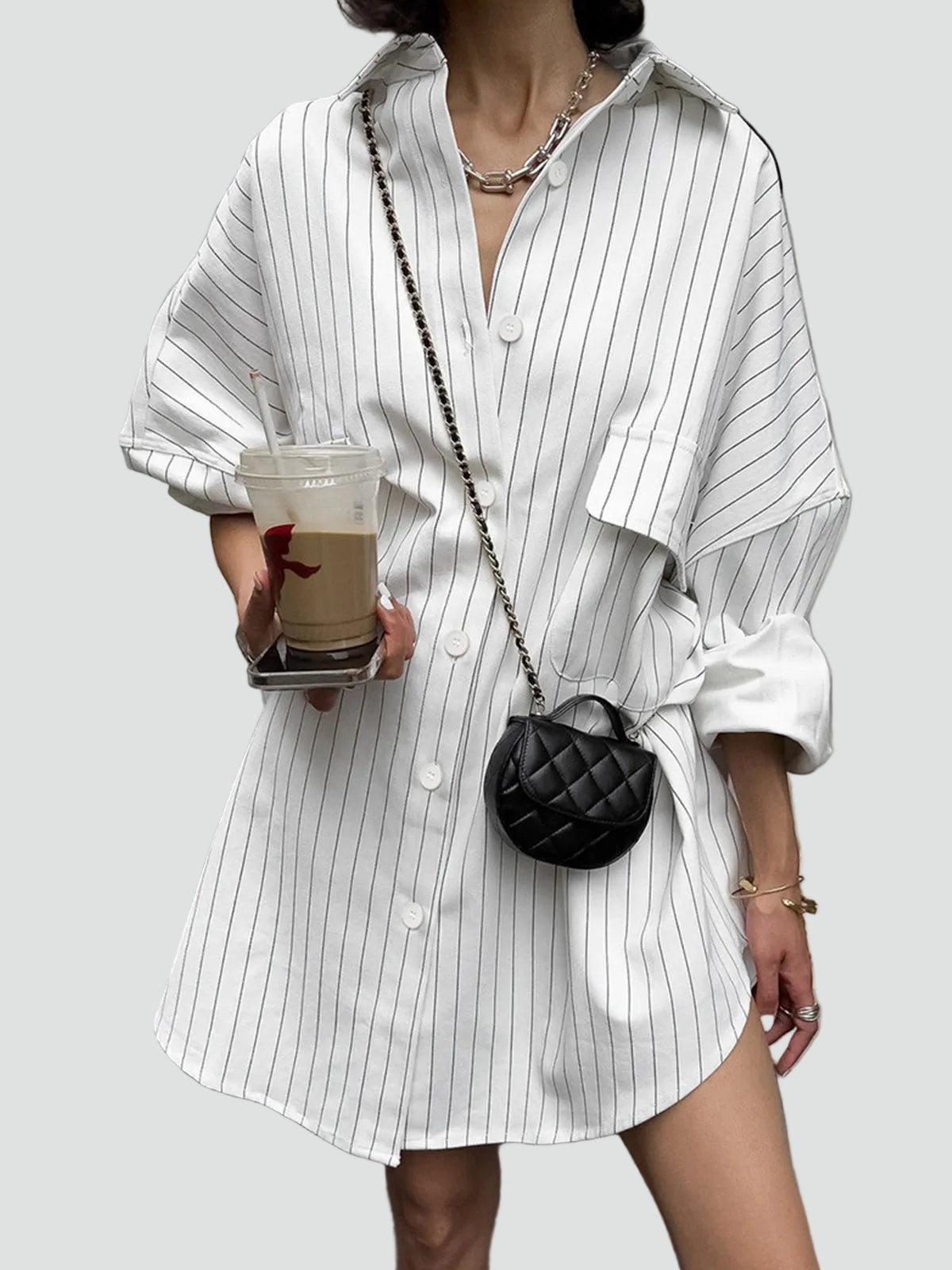 Effortless White Striped Shirt Dress for Women with Collar Long Sleeve Oversized Button Front Casual Style
