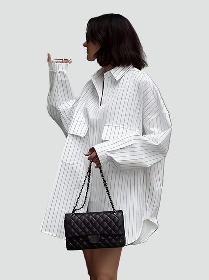 Effortless White Striped Shirt Dress for Women with Collar Long Sleeve Oversized Button Front Casual Style