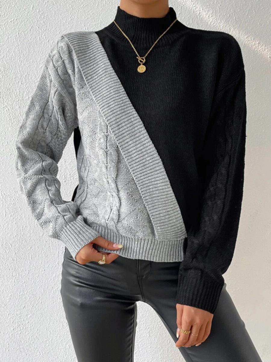 Comfortable Colorblock Cable Knit Sweater for Women with High Neck Long Sleeve Asymmetric Cropped Style