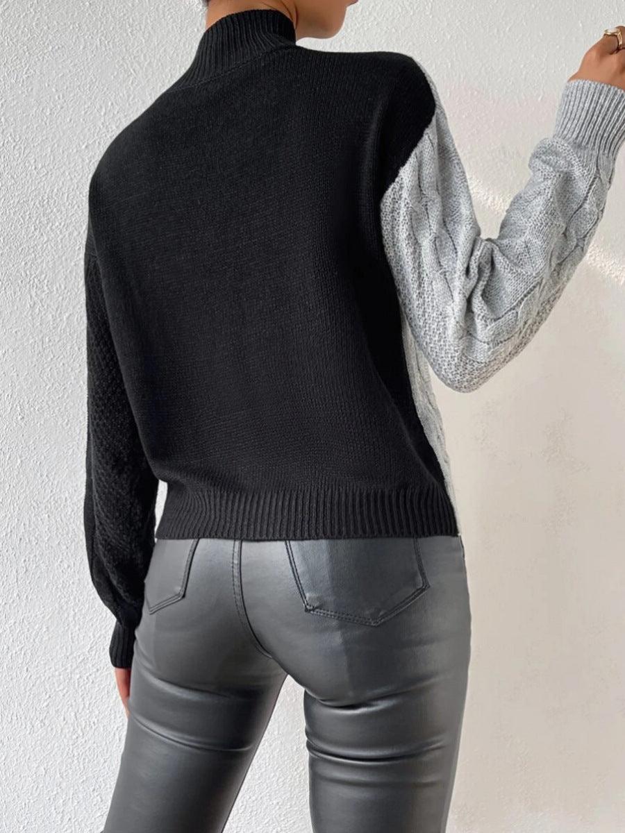 Comfortable Colorblock Cable Knit Sweater for Women with High Neck Long Sleeve Asymmetric Cropped Style