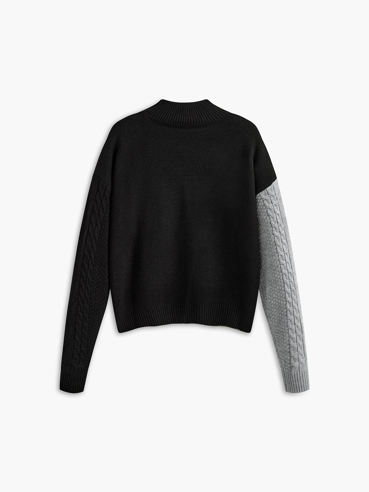 Comfortable Colorblock Cable Knit Sweater for Women with High Neck Long Sleeve Asymmetric Cropped Style