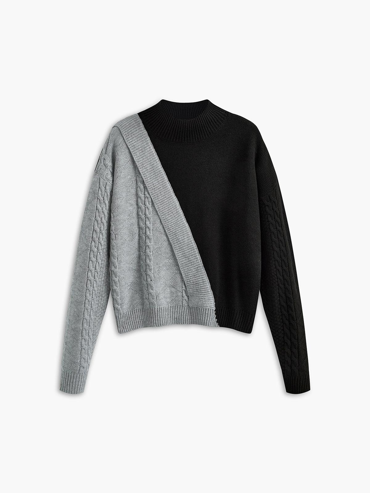 Comfortable Colorblock Cable Knit Sweater for Women with High Neck Long Sleeve Asymmetric Cropped Style
