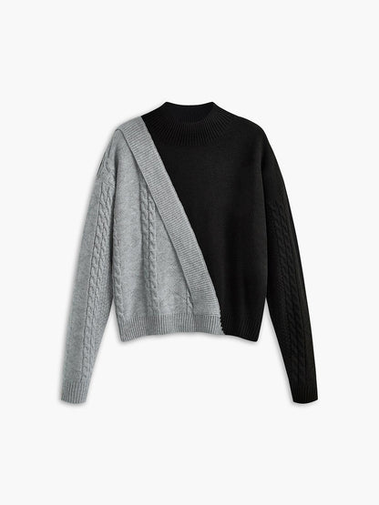 Comfortable Colorblock Cable Knit Sweater for Women with High Neck Long Sleeve Asymmetric Cropped Style