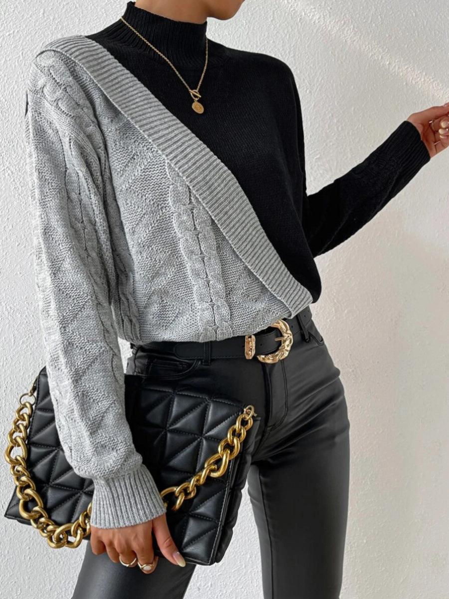 Comfortable Colorblock Cable Knit Sweater for Women with High Neck Long Sleeve Asymmetric Cropped Style