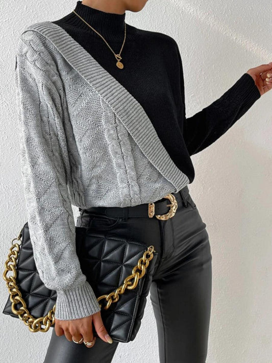Comfortable Colorblock Cable Knit Sweater for Women with High Neck Long Sleeve Asymmetric Cropped Style