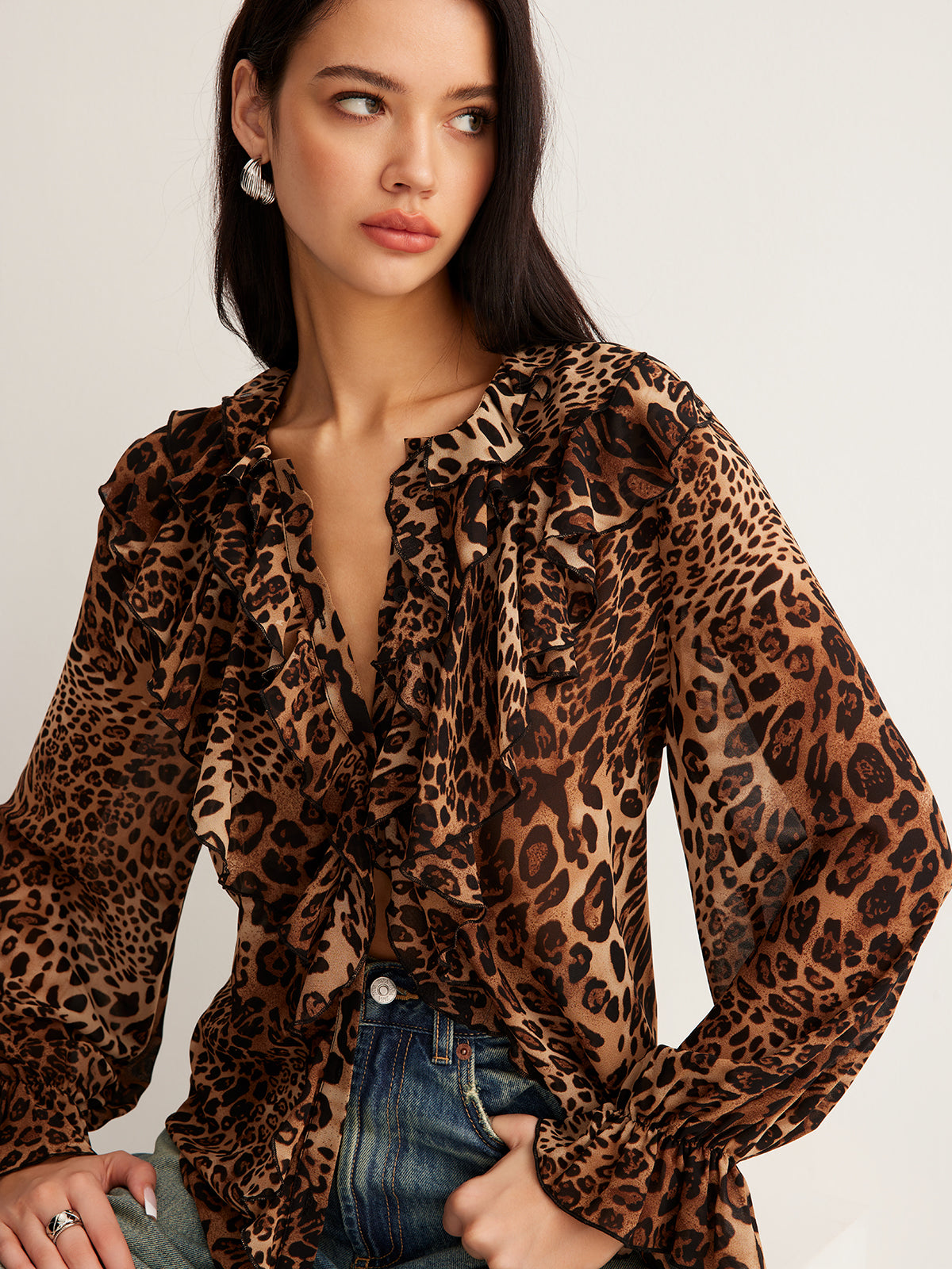 Olivia | Women’s Summer Leopard Ruffle Neck Blouse