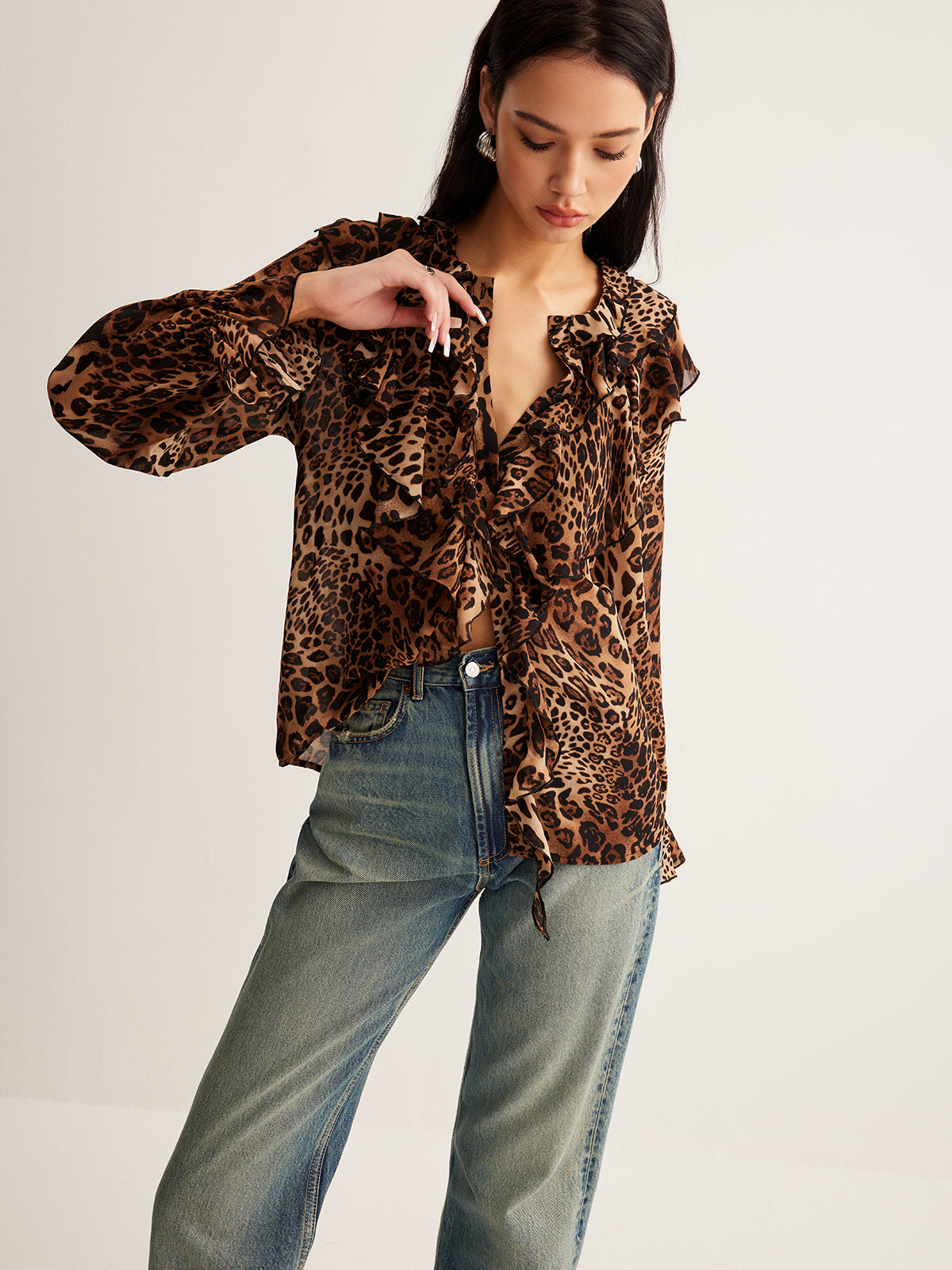 Olivia | Women’s Summer Leopard Ruffle Neck Blouse