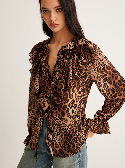 Olivia | Women’s Summer Leopard Ruffle Neck Blouse