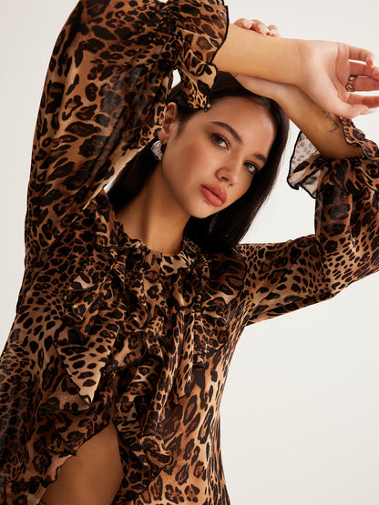 Olivia | Women’s Summer Leopard Ruffle Neck Blouse