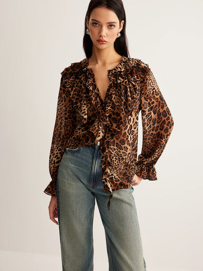 Olivia | Women’s Summer Leopard Ruffle Neck Blouse